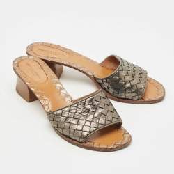 Pre Owned Bottega Veneta Metallic Intrecciato Leather Ravello Slide Sandals Size 37.5