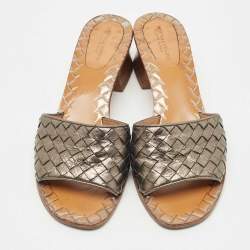 Pre Owned Bottega Veneta Metallic Intrecciato Leather Ravello Slide Sandals Size 37.5