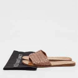 Pre Owned Bottega Veneta Light Brown Intreciatto Leather Flat Slide Sandals Size 37