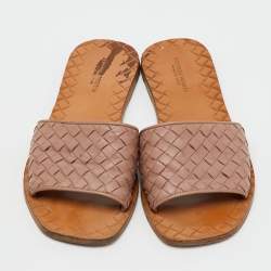 Pre Owned Bottega Veneta Light Brown Intreciatto Leather Flat Slide Sandals Size 37