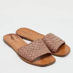 Pre Owned Bottega Veneta Light Brown Intreciatto Leather Flat Slide Sandals Size 37