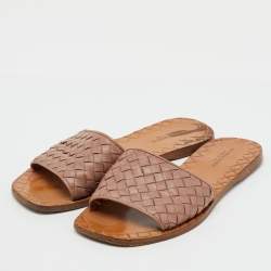 Pre Owned Bottega Veneta Light Brown Intreciatto Leather Flat Slide Sandals Size 37