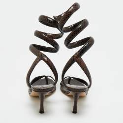 Pre Owned Bottega Veneta Brown Python Embossed Leather Ankle Wrap Sandals Size 37