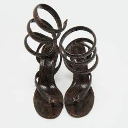 Pre Owned Bottega Veneta Brown Python Embossed Leather Ankle Wrap Sandals Size 37