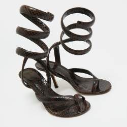 Pre Owned Bottega Veneta Brown Python Embossed Leather Ankle Wrap Sandals Size 37