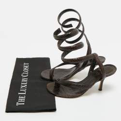 Pre Owned Bottega Veneta Brown Python Embossed Leather Ankle Wrap Sandals Size 37