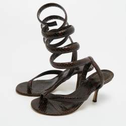 Pre Owned Bottega Veneta Brown Python Embossed Leather Ankle Wrap Sandals Size 37