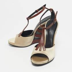 Pre Owned Bottega Veneta Beige/Silver Lizard Embossed Leather and Satin Wedge Sandals Size 39