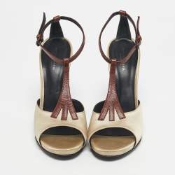 Pre Owned Bottega Veneta Beige/Silver Lizard Embossed Leather and Satin Wedge Sandals Size 39