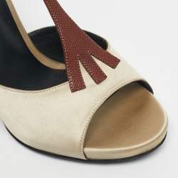 Pre Owned Bottega Veneta Beige/Silver Lizard Embossed Leather and Satin Wedge Sandals Size 39