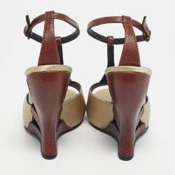 Pre Owned Bottega Veneta Beige/Silver Lizard Embossed Leather and Satin Wedge Sandals Size 39