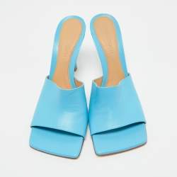 Pre Owned Bottega Veneta Blue Leather Stretch Slide Sandals Size 39