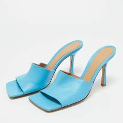 Pre Owned Bottega Veneta Blue Leather Stretch Slide Sandals Size 39