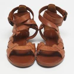 Pre Owned Bottega Veneta Brown Leather Ankle Wrap Flat Sandals Size 39