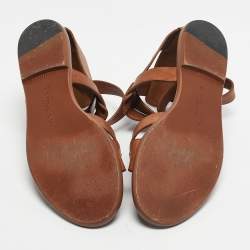 Pre Owned Bottega Veneta Brown Leather Ankle Wrap Flat Sandals Size 39