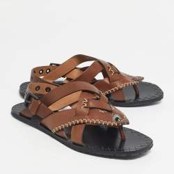 Pre Owned Bottega Veneta Brown Leather Thong Slingback Flat Sandal Size 39