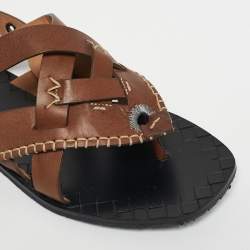 Pre Owned Bottega Veneta Brown Leather Thong Slingback Flat Sandal Size 39