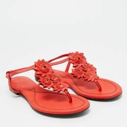 Pre Owned Bottega Veneta Red Leather Flower Cutout Sunset Flat Sandals Size 39