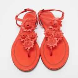 Pre Owned Bottega Veneta Red Leather Flower Cutout Sunset Flat Sandals Size 39