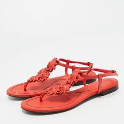 Pre Owned Bottega Veneta Red Leather Flower Cutout Sunset Flat Sandals Size 39
