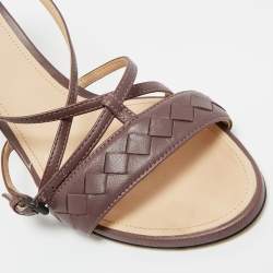 Pre Owned Bottega Veneta Mauve Intrecciato Leather Ankle Strap Sandals Size 37.5