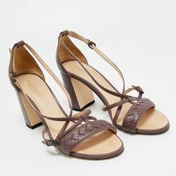 Pre Owned Bottega Veneta Mauve Intrecciato Leather Ankle Strap Sandals Size 37.5