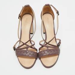 Pre Owned Bottega Veneta Mauve Intrecciato Leather Ankle Strap Sandals Size 37.5