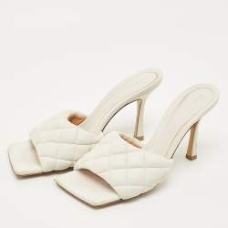Pre Owned Bottega Veneta White Leather Lido Slide Sandals Size 38.5
