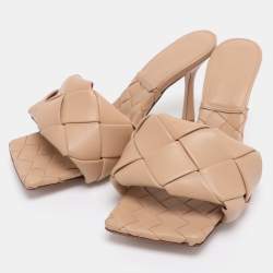 Pre Owned Bottega Veneta Beige Intrecciato Leather Lido Slides Size 37.5