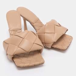 Pre Owned Bottega Veneta Beige Intrecciato Leather Lido Slides Size 37.5