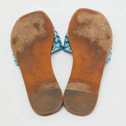 Pre Owned Bottega Veneta Metallic Blue Intrecciato Leather Flat Slides Size 37