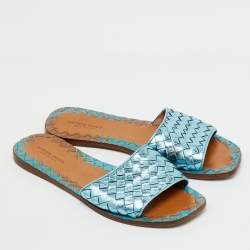Pre Owned Bottega Veneta Metallic Blue Intrecciato Leather Flat Slides Size 37