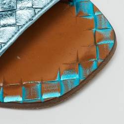 Pre Owned Bottega Veneta Metallic Blue Intrecciato Leather Flat Slides Size 37