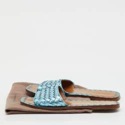 Pre Owned Bottega Veneta Metallic Blue Intrecciato Leather Flat Slides Size 37