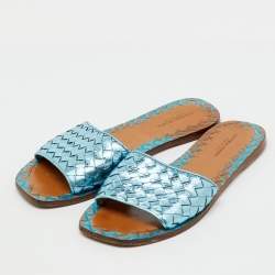 Pre Owned Bottega Veneta Metallic Blue Intrecciato Leather Flat Slides Size 37