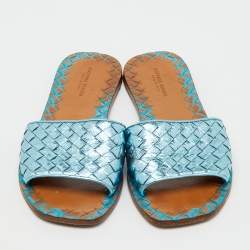 Pre Owned Bottega Veneta Metallic Blue Intrecciato Leather Flat Slides Size 37