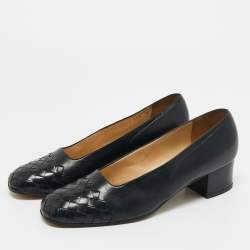 Pre Owned Bottega Veneta Black Intrecciato Leather Block Heel Pumps Size 35.5