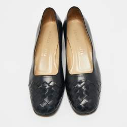 Pre Owned Bottega Veneta Black Intrecciato Leather Block Heel Pumps Size 35.5