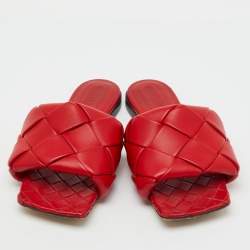 Pre Owned Bottega Veneta Red Intrecciato Leather Lido Flat Slide Sandals Size 35.5