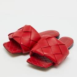 Pre Owned Bottega Veneta Red Intrecciato Leather Lido Flat Slide Sandals Size 35.5