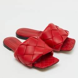 Pre Owned Bottega Veneta Red Intrecciato Leather Lido Flat Slide Sandals Size 35.5