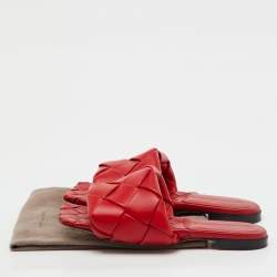 Pre Owned Bottega Veneta Red Intrecciato Leather Lido Flat Slide Sandals Size 35.5