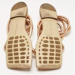 Pre Owned Bottega Veneta Gold Leather Ankle Wrap Flat Sandals Size 36