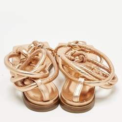 Pre Owned Bottega Veneta Gold Leather Ankle Wrap Flat Sandals Size 36