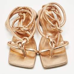 Pre Owned Bottega Veneta Gold Leather Ankle Wrap Flat Sandals Size 36