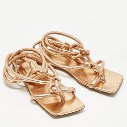 Pre Owned Bottega Veneta Gold Leather Ankle Wrap Flat Sandals Size 36