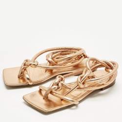Pre Owned Bottega Veneta Gold Leather Ankle Wrap Flat Sandals Size 36