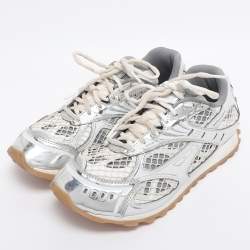 Pre Owned Bottega Veneta Silver/Grey Mesh and Leather Orbit Sneakers Size 39