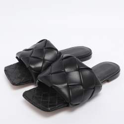 Pre Owned Bottega Veneta Black Intrecciato Leather Lido Flat Sandals Size 37