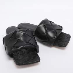 Pre Owned Bottega Veneta Black Intrecciato Leather Lido Flat Sandals Size 37